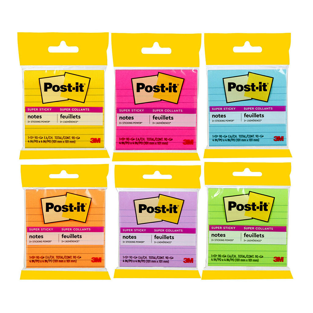Post-it Super Sticky Lined Notes 101x101mm Assorted 90sh