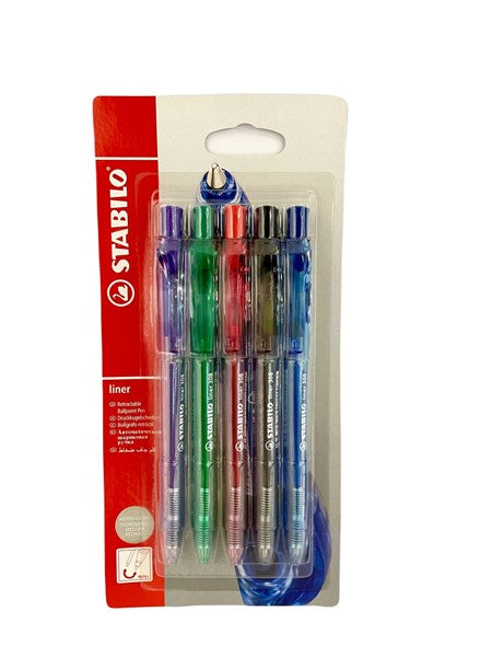 Stabilo Liner Retractable Ballpoint Pen Medium Asstd Pkt 5