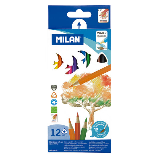 Milan Water Soluble Coloured Pencils Triangular Pack 12 Assorted Colours - City Books & Lotto