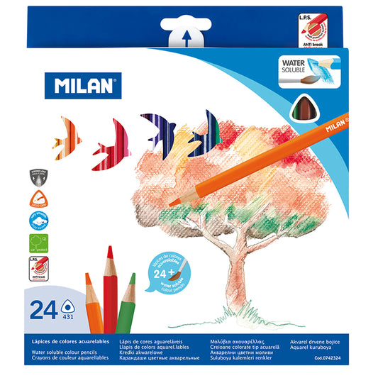 Milan Water Soluble Coloured Pencils Triangular Pack 24 Assorted Colours - City Books & Lotto